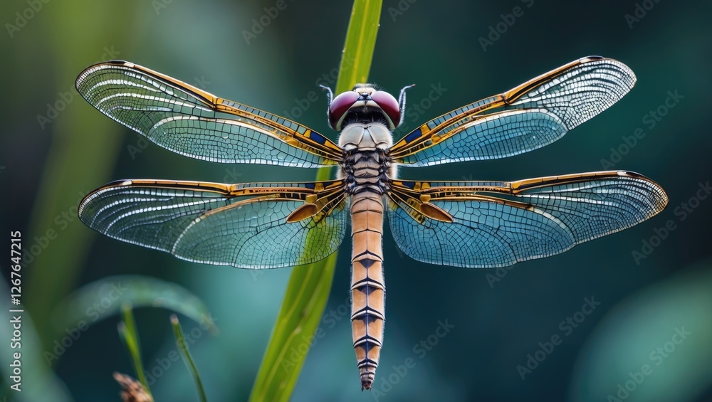 Poster dragonfly macro photography with vibrant details and empty space for text overlay in nature backgrou