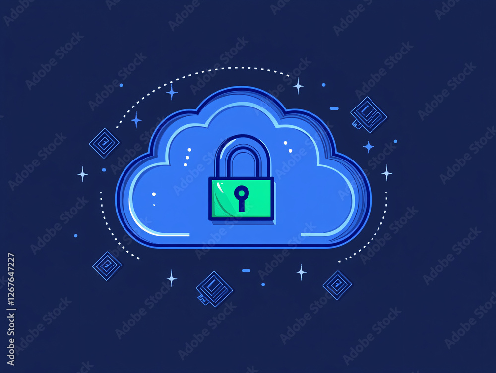 Poster a stylized digital illustration of a blue cloud with a secure lock symbol representing cloud computi