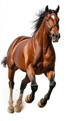 Obraz premium Majestic brown horse gallops gracefully across sandy terrain in a dynamic motion with mane flowing in the wind