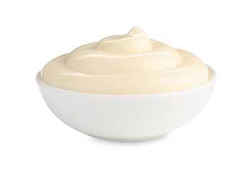 Tasty mayonnaise sauce in bowl isolated on white