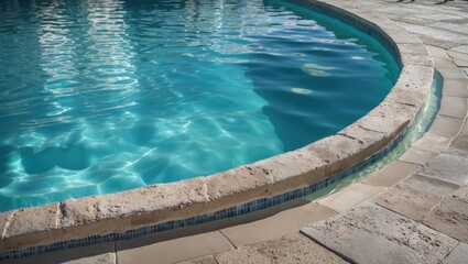 Serene Edge of a Swimming Pool with Crystal Clear Blue Water and Natural Stone Surrounding
