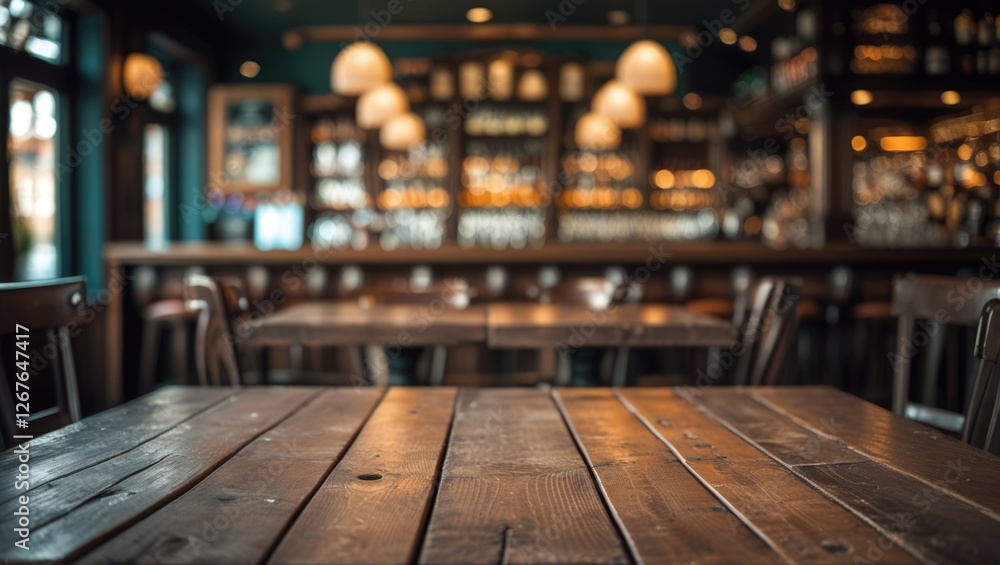 Poster cozy wooden table foreground with illuminated bokeh bar background creating an inviting atmosphere f