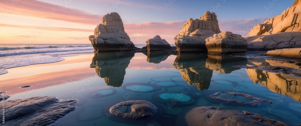 Poster coastal rock formations reflecting in serene tide pools at sunset with beautiful sky and empty space