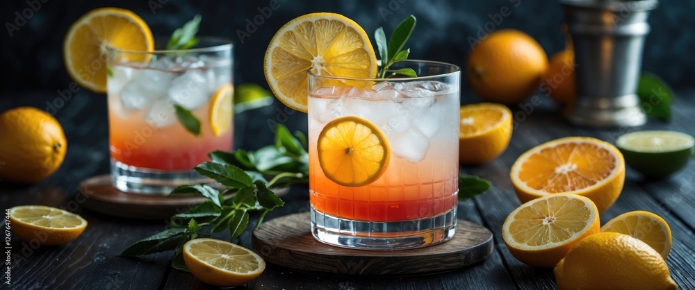 Poster refreshing citrus cocktail with ice on dark wooden table surrounded by fresh fruits and garnish with