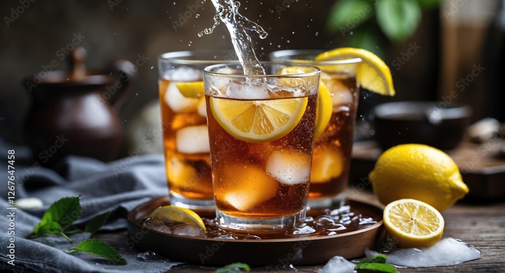 Aufkleber refreshing iced tea with lemon slices and ice cubes in glasses set on a rustic table surrounded by f