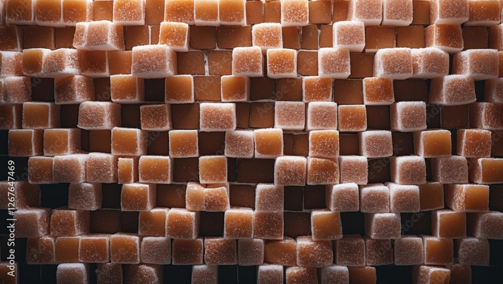 Poster sugar cubes arranged to create a textured wall resembling bricks, showcasing a unique culinary desig