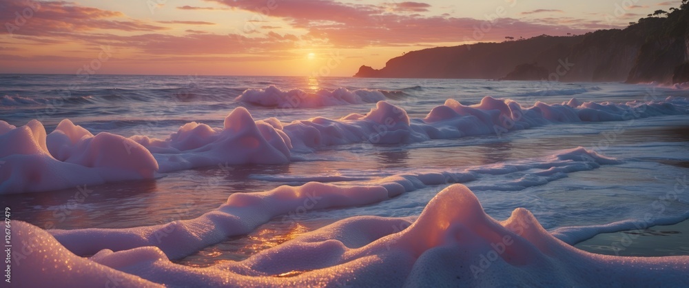 Aufkleber sunset over ocean waves with foam and soft colors creating a serene coastal atmosphere
