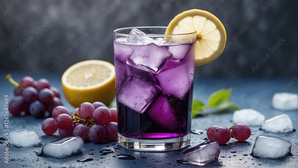 Poster refreshing purple grape lemonade with ice garnished by lemon and grapes on dark surface with empty s