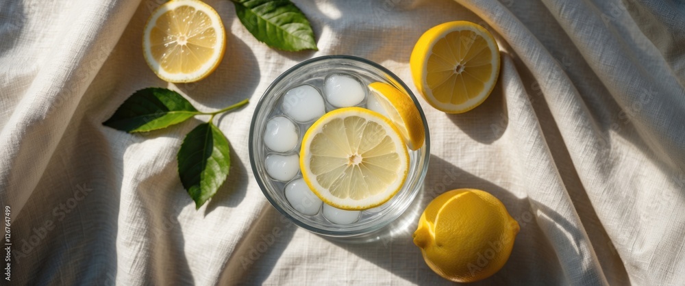 Aufkleber refreshing lemon water with ice in sunlight on linen fabric top view with lemon slices and green lea