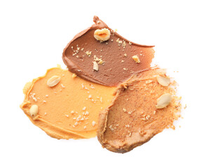 Different nut butters and nuts isolated on white, top view