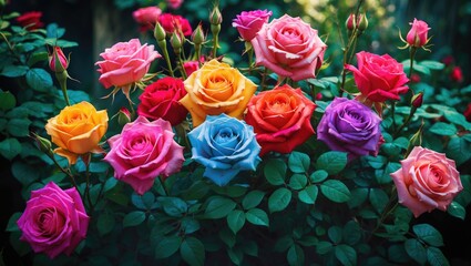 Vibrant assortment of colorful roses blooming in a lush garden showcasing nature's beauty and diversity.
