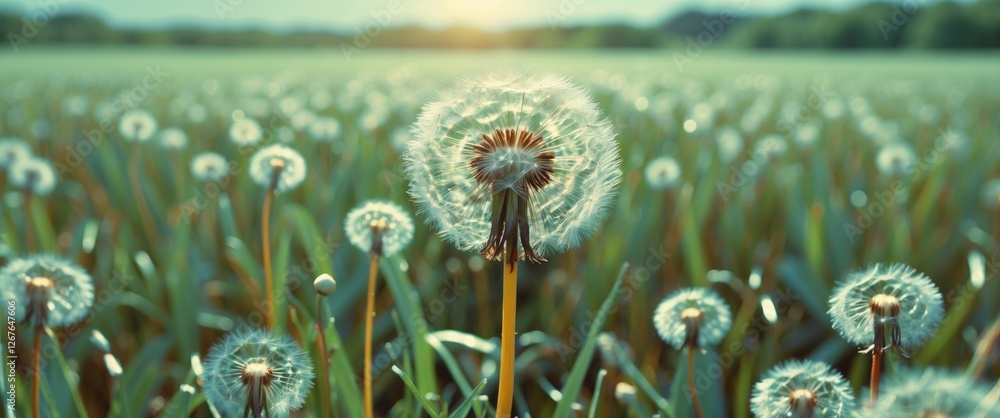 Poster dandelion blossoms in a serene field with soft light and space for text integration