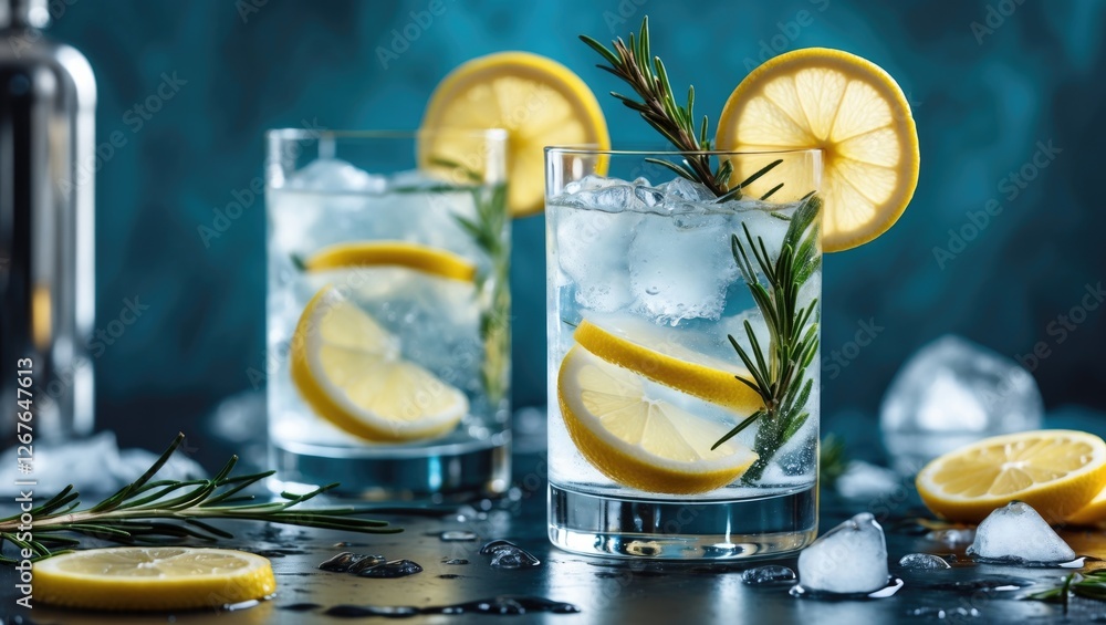 Poster refreshing gin and tonic cocktail with lemon and rosemary garnish on ice in stylish setting with cop