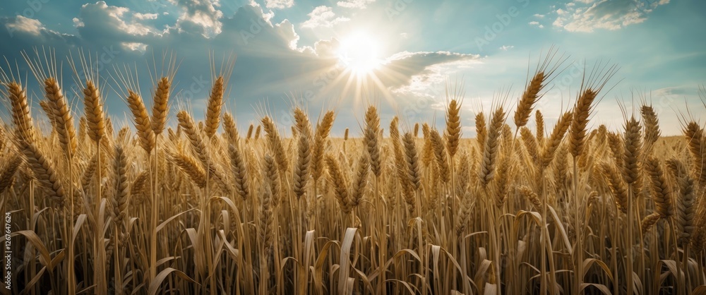 Aufkleber golden wheat field under sunlight with dramatic clouds and rays of light in the sky displaying the b