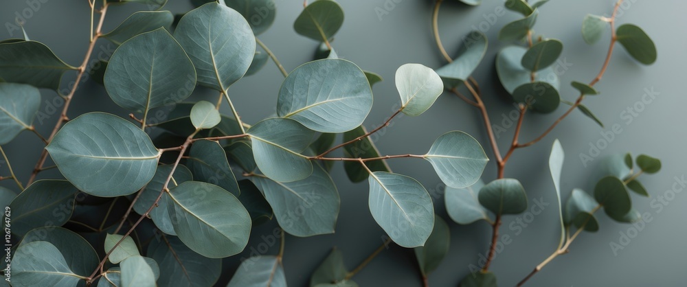 Poster eucalyptus leaves on green background with copy space for text and minimalist design elements