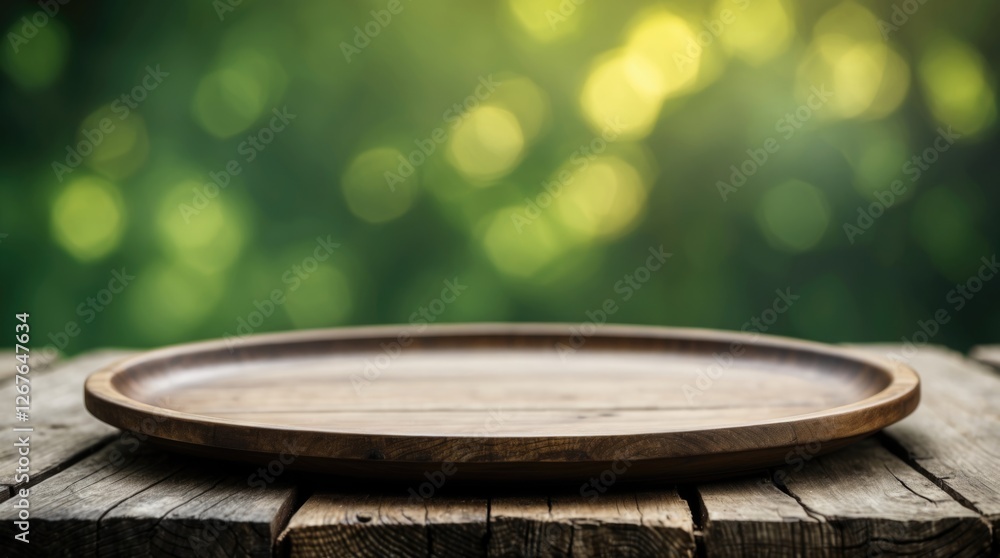 Poster wooden serving plate on rustic table with soft green bokeh background perfect for food presentation 