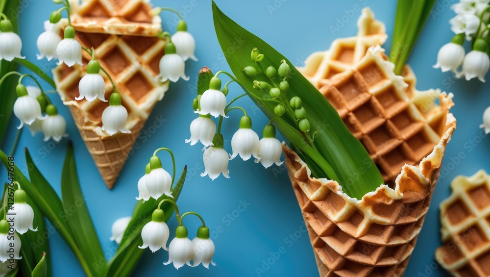 Poster spring inspired wallpaper featuring lily of the valley in waffle cones with fresh green leaves and e