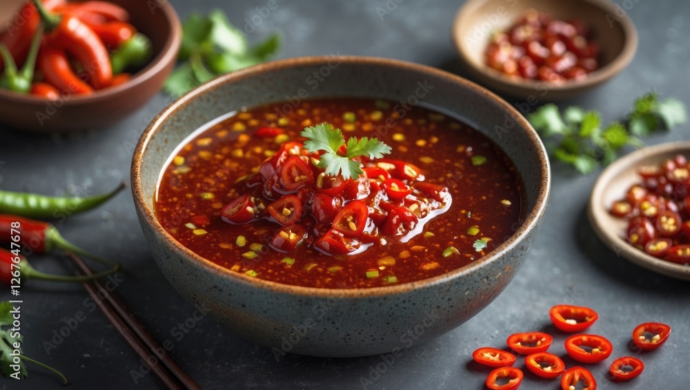 Poster Bowl of fresh chili sauce garnished with peppers and cilantro on a textured tabletop with an empty space for text or branding elements.