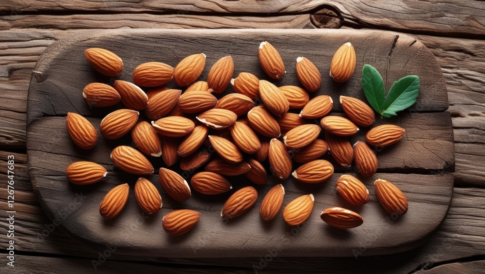 Poster almonds arranged on a rustic wooden board with a green leaf adding a touch of natural elegance to th