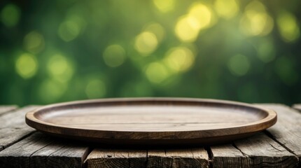 Obraz premium Wooden Serving Plate on Rustic Table with Soft Green Bokeh Background Perfect for Food Presentation or Culinary Themes