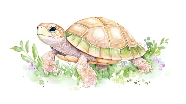 A chibi turtle with a patterned shell, walking slowly, surrounded by watercolor splashes of green and brown, isolated on a soft background
