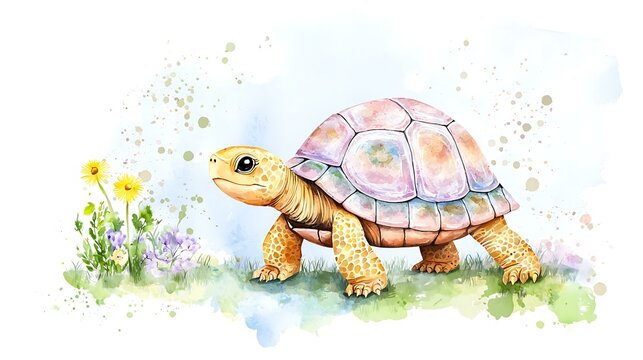 A chibi turtle with a patterned shell, walking slowly, surrounded by watercolor splashes of green and brown, isolated on a soft background