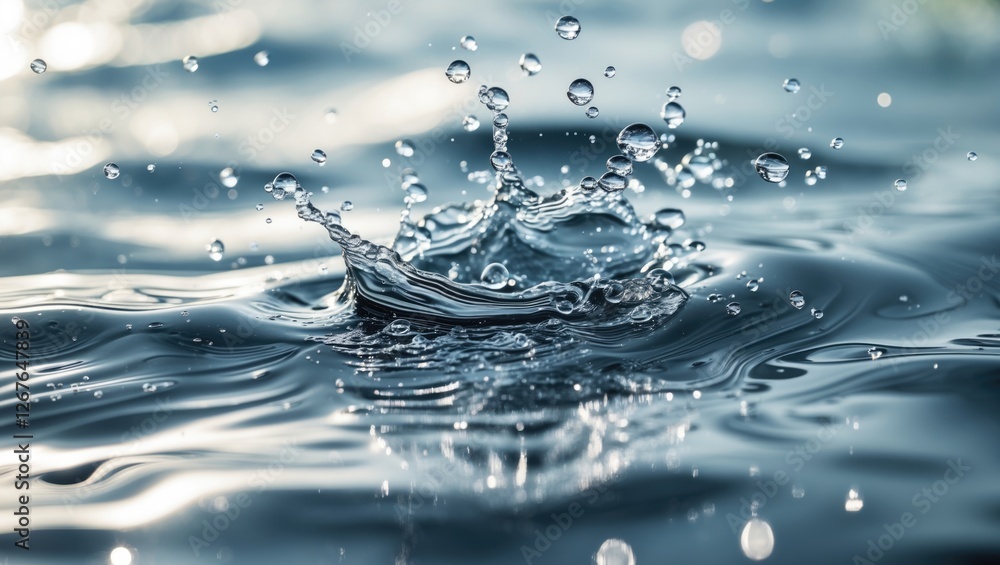Poster rippling water surface with splashing droplets and bubbles creating radiant patterns in a serene env