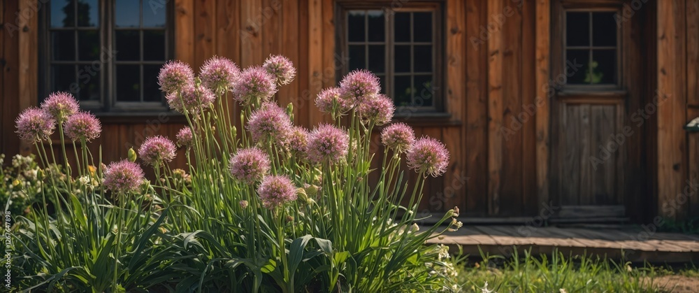 Poster lush decorative onion flowers in a rustic setting highlighting summer blooms with a wooden house and