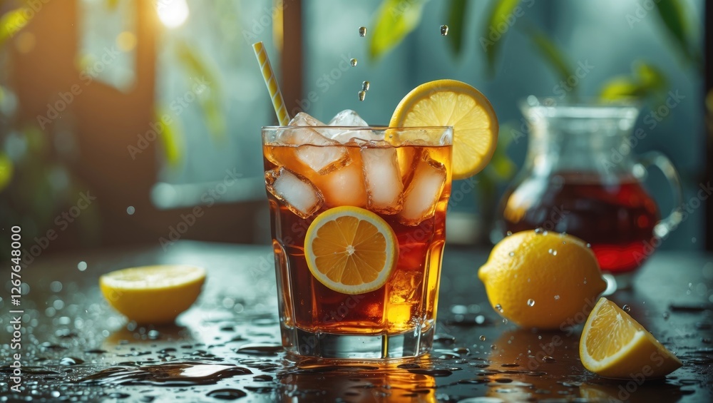 Poster refreshing ice lemon tea in a glass with lemon slices and ice cubes on a table. bright lighting and 