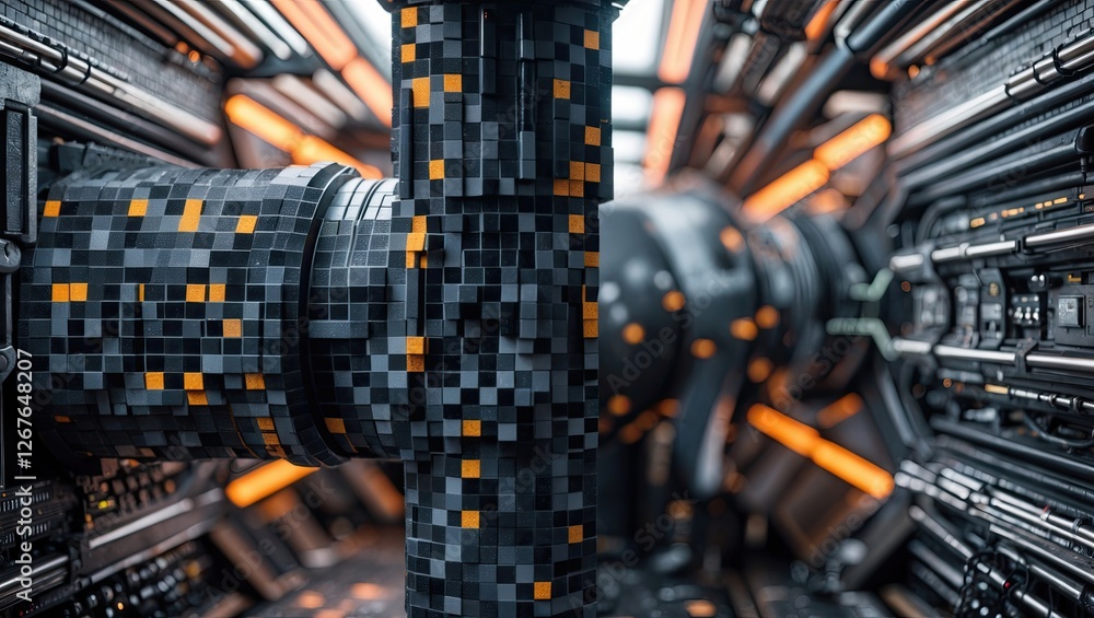 Poster futuristic close-up of a dark mechanical structure with pixelated textures and glowing orange highli