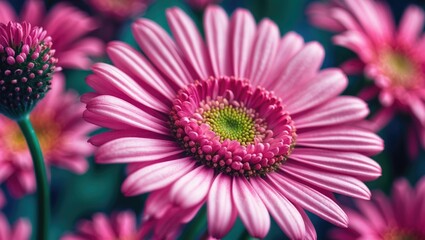 Vibrant pink daisy flower close-up showcasing intricate petals and delicate textures in a lush floral setting with selective focus.