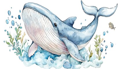 A chibi whale spouting water, with watercolor splashes of blue and gray, isolated on a soft background