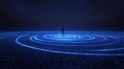 Obraz premium silhouette standing in blue concentric circles at night