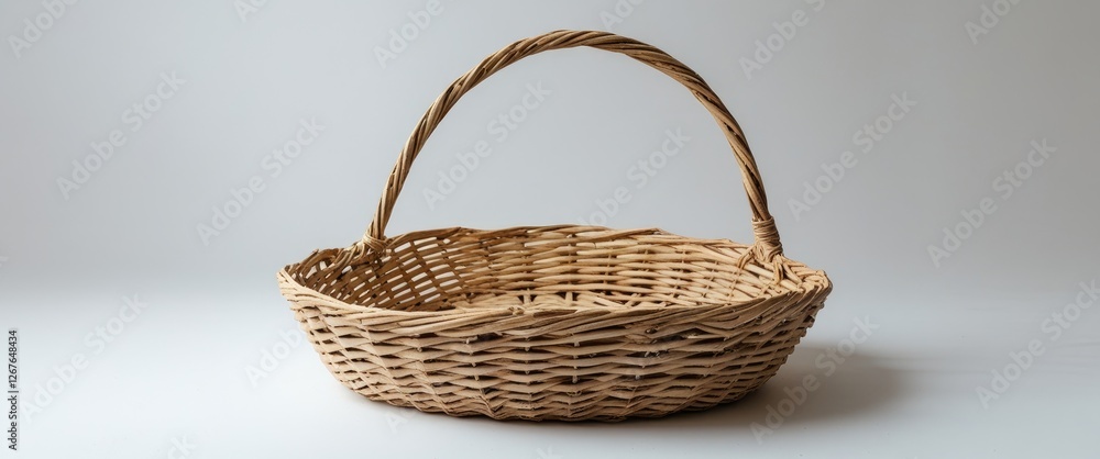 Poster woven straw basket with handle isolated on light background for storage or decorative use