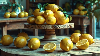 Fresh and Vibrant Lemons Displayed on a Handcrafted Wooden Table Surrounded by Lush Greenery and Natural Light