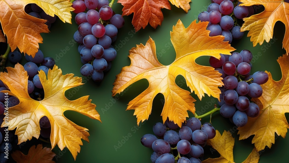 Poster vibrant autumn leaves of grape clusters on a rich green background creating a natural and colorful h