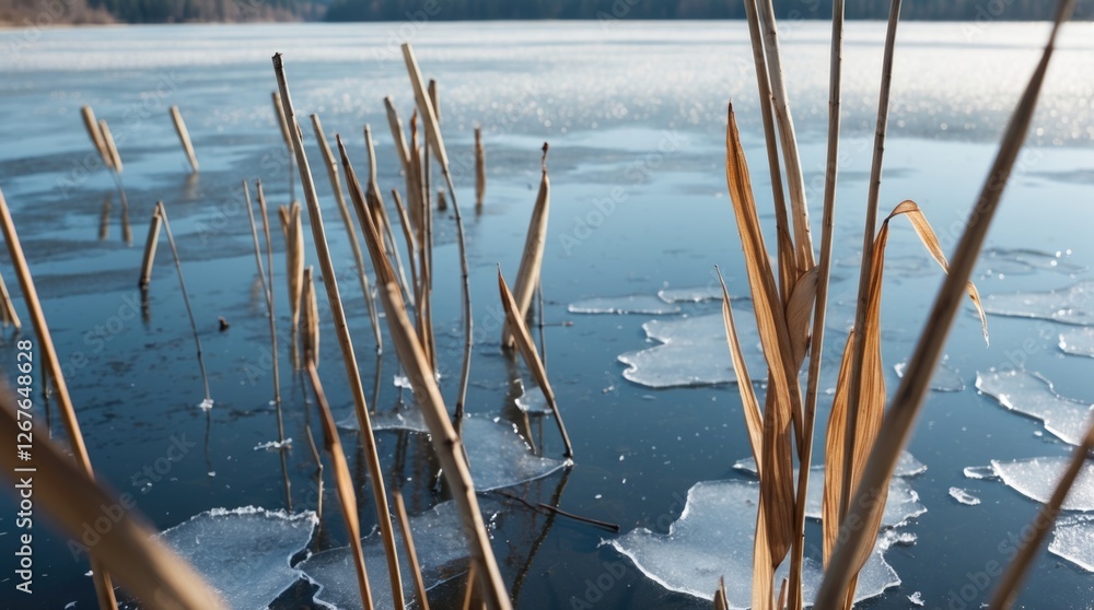 Poster dry reeds emerging from a frozen lake with patches of ice creating a serene winter landscape in soft