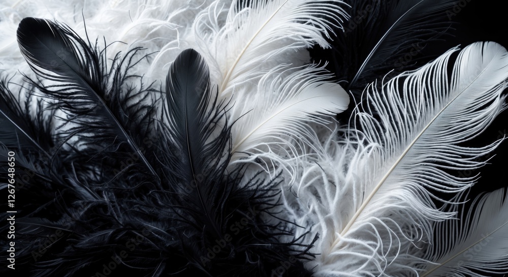Poster elegant black and white abstract arrangement of fluffy feathers creating a stunning visual contrast 