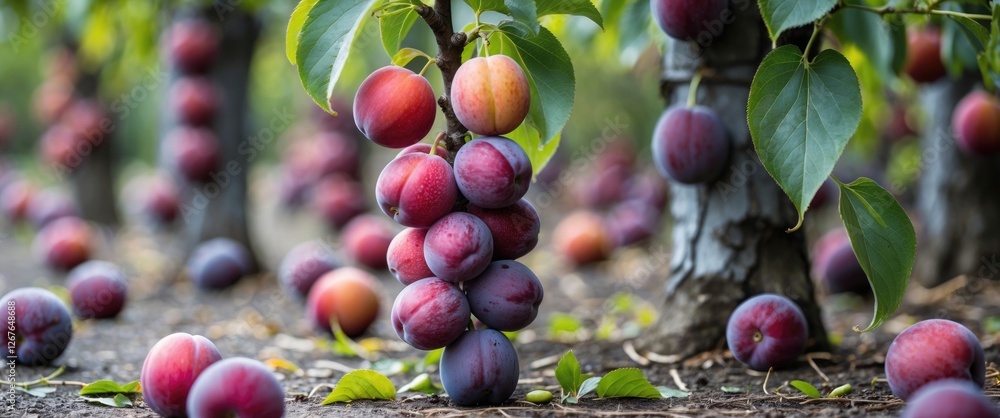 Poster columnar plum tree with unripe fruits in july surrounded by lush green leaves and empty space for te
