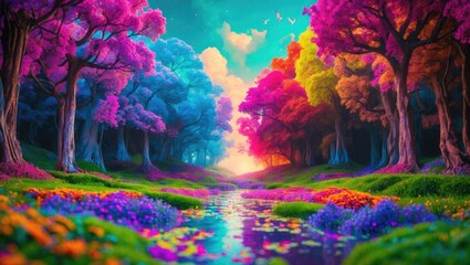 Vibrant fantasy landscape featuring colorful trees, a serene river, and a dreamlike sky with soft clouds and birds in a magical setting