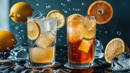 Refreshing Summer Beverages Citrus Lemonade and Cola Drink with Ice Bubbles and Fresh Fruits on a Cool Surface