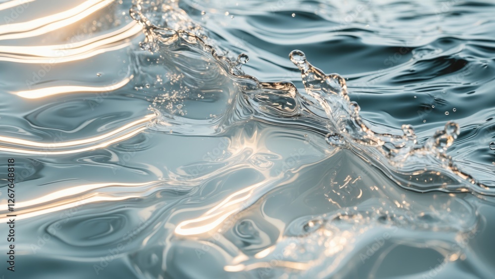 Poster calm clear water surface with gentle ripples and splashes reflecting light creating an abstract natu