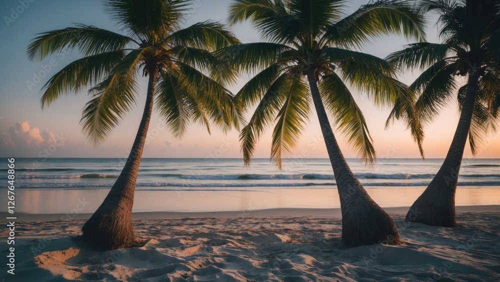 Poster coconut trees silhouetted against colorful evening sky on serene beach with tranquil waves and space