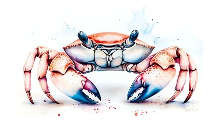 A chibi crab with raised claws, with watercolor splashes of red and brown, isolated on a soft background
