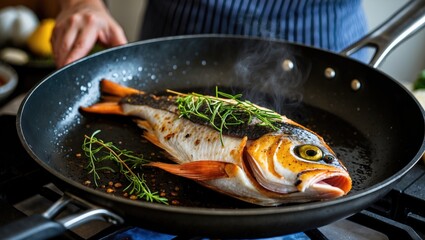Cooking Fish to Perfection in a Hot Pan with Fresh Herbs and Empty Space for Text in a Modern Home Kitchen Setting