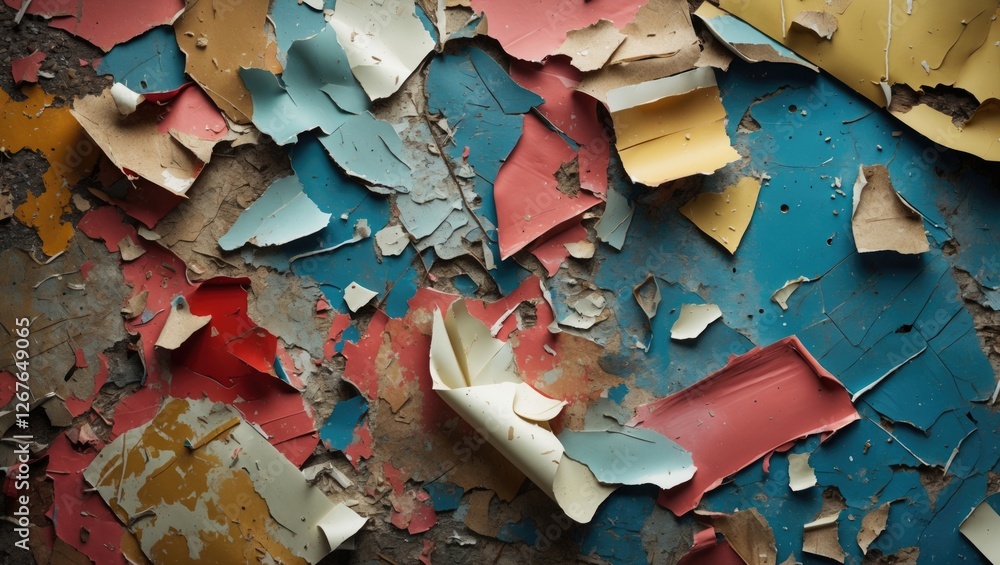 Poster peeling paint texture background with layers of colorful, damaged paper and scratches for artistic a