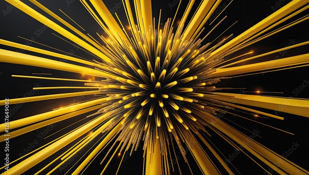 Poster a vibrant explosion of golden rays emanating from a central orb against a black background, creating