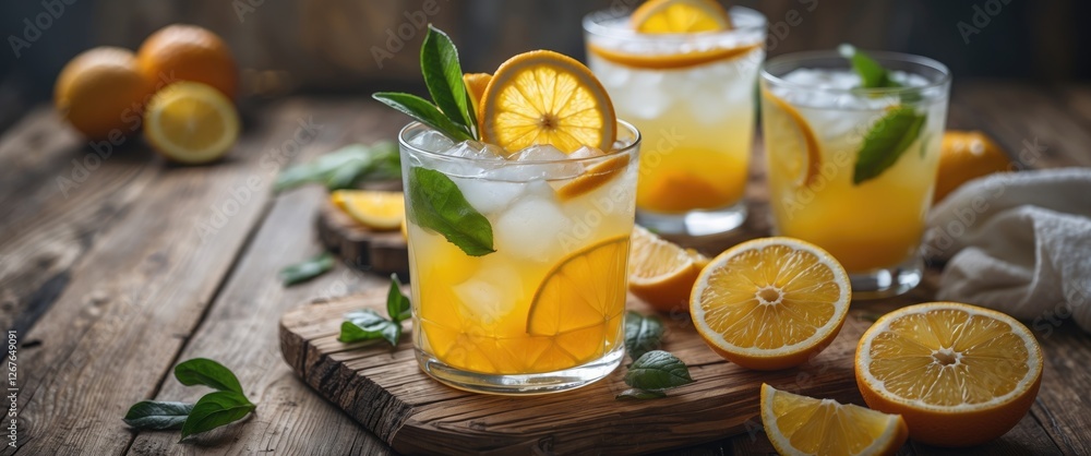 Poster refreshing citrus beverages with ice and lemon slices on rustic wooden table with copy space for tex