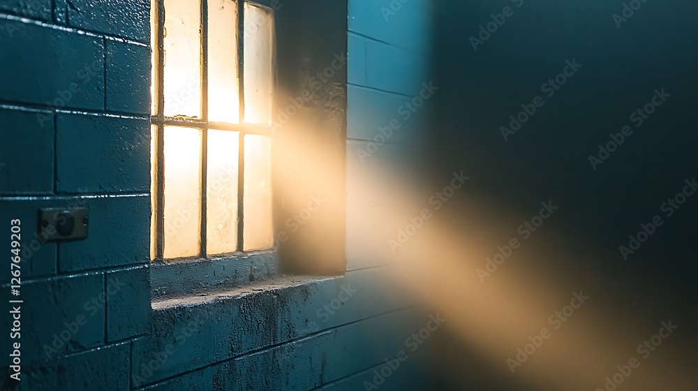 Poster Sunlight streams through factory window, illuminating dust motes