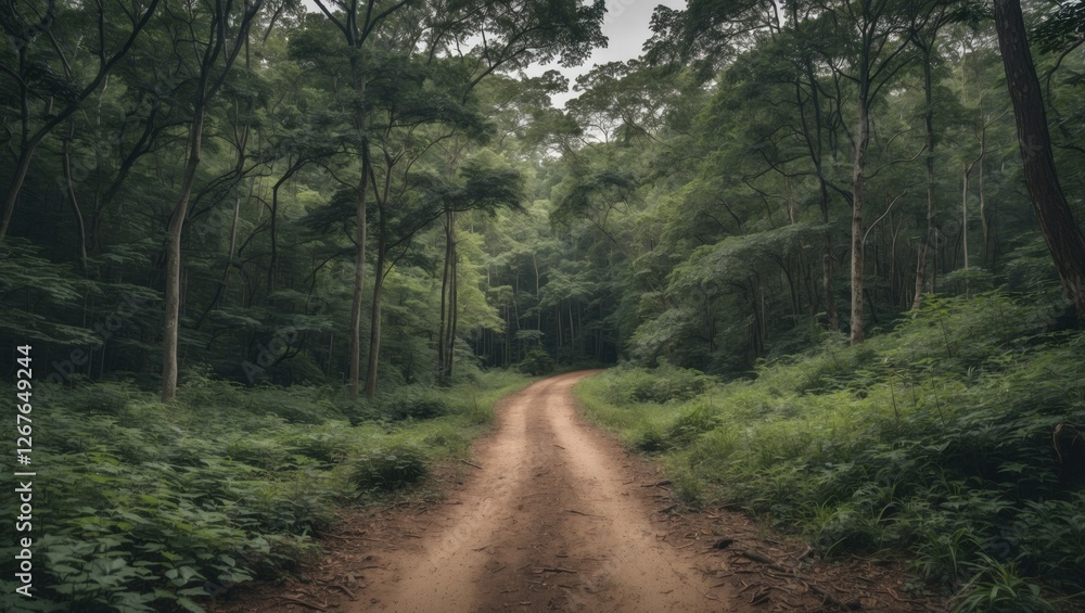 Poster serene dirt path winding through lush green forest creating tranquil atmosphere perfect for nature t